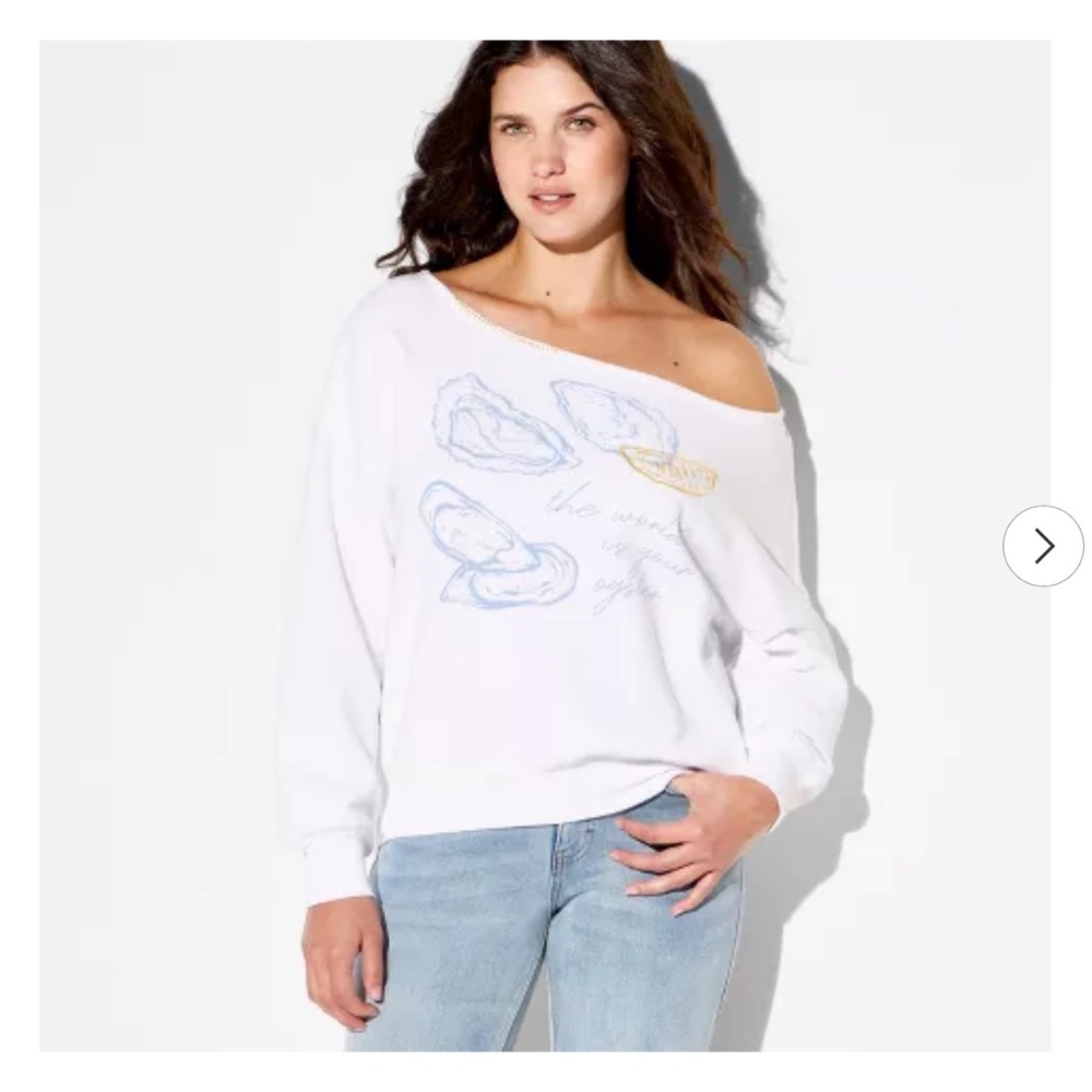 NWT White Off-Shoulder oyster Graphic Sweatshirt - Women size M - Picture 2 of 9
